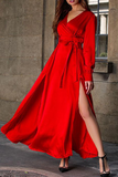 Momentlover Casual Solid Slit V Neck Waist Skirt Dresses