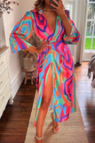 Momentlover Fashion Print Patchwork V Neck Waist Skirt Dresses