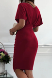 Momentlover Fashion Solid Patchwork V Neck Waist Skirt Dresses