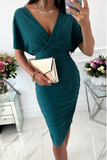 Momentlover Fashion Solid Patchwork V Neck Waist Skirt Dresses