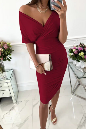 Momentlover Fashion Solid Patchwork V Neck Waist Skirt Dresses