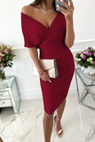 Momentlover Fashion Solid Patchwork V Neck Waist Skirt Dresses