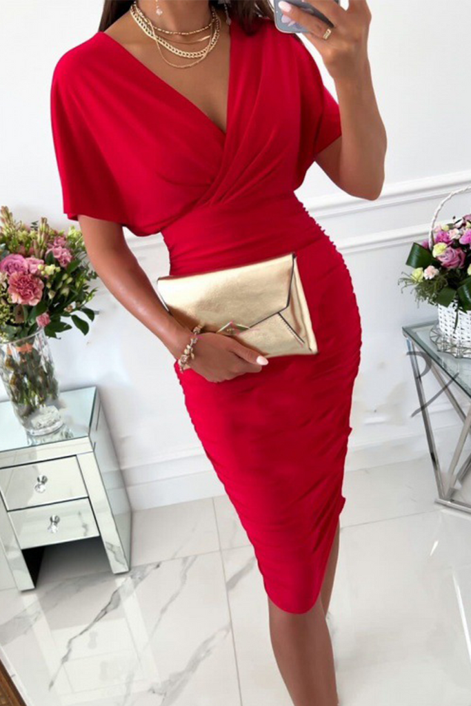 Momentlover Fashion Solid Patchwork V Neck Waist Skirt Dresses