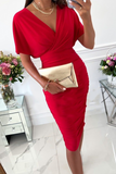 Momentlover Fashion Solid Patchwork V Neck Waist Skirt Dresses