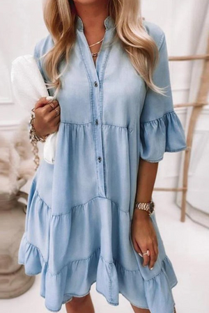 Momentlover Casual Solid Flounce Mandarin Collar Cake Skirt Dresses