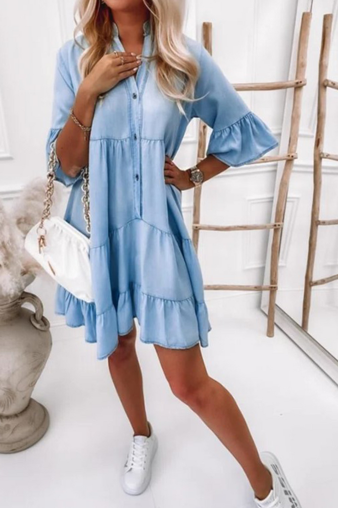 Momentlover Casual Solid Flounce Mandarin Collar Cake Skirt Dresses
