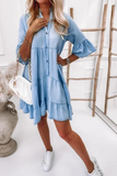 Momentlover Casual Solid Flounce Mandarin Collar Cake Skirt Dresses