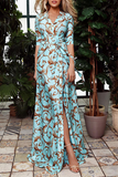 Momentlover Fashion Print Patchwork V Neck Waist Skirt Dresses