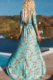 Momentlover Fashion Print Patchwork V Neck Waist Skirt Dresses
