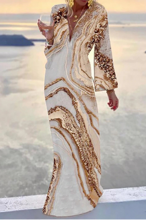 Momentlover Casual Print Patchwork V Neck Trumpet Mermaid Dresses