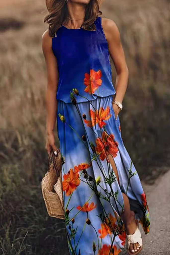 Momentlover Fashion Print Patchwork O Neck Straight Dresses(7 Colors)