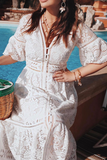 Momentlover Fashion Solid Patchwork V Neck Waist Skirt Dresses