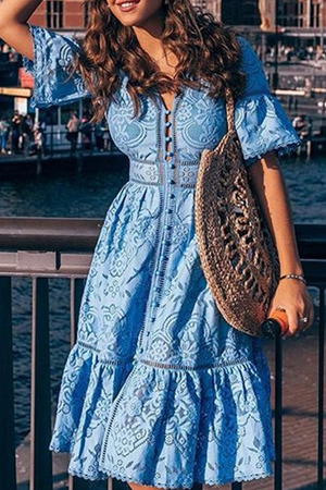 Momentlover Fashion Solid Patchwork V Neck Waist Skirt Dresses