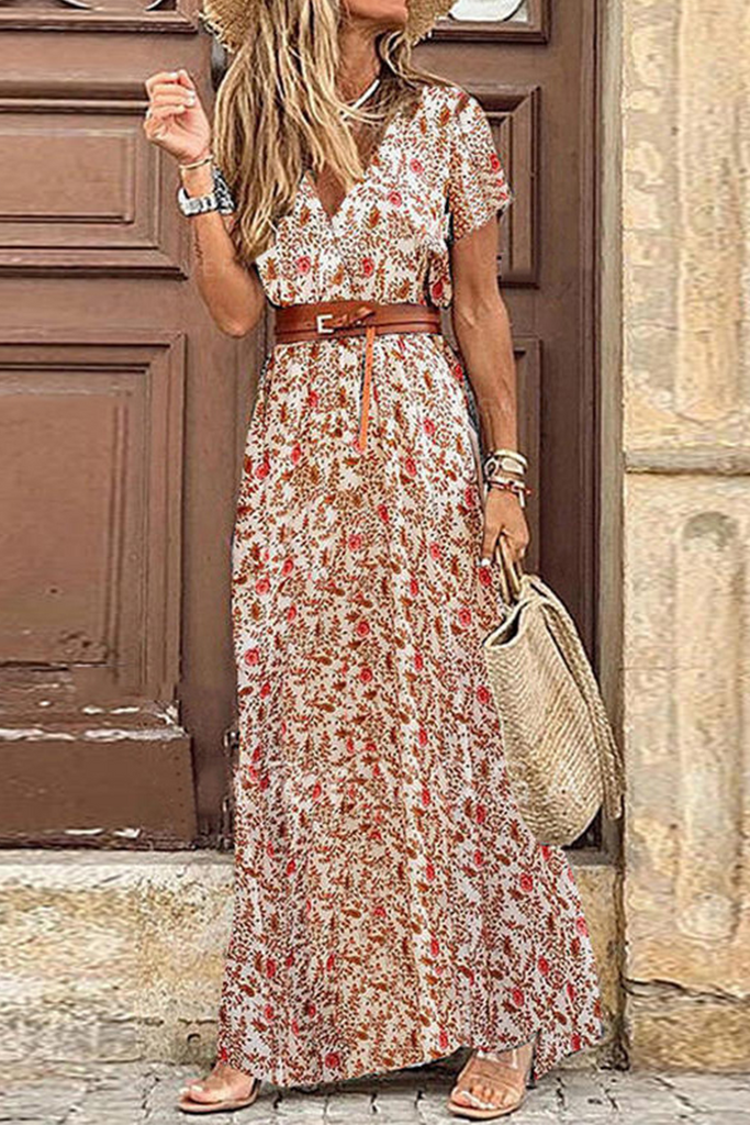 Momentlover Fashion Elegant Print V Neck Princess Dresses(3 Colors)