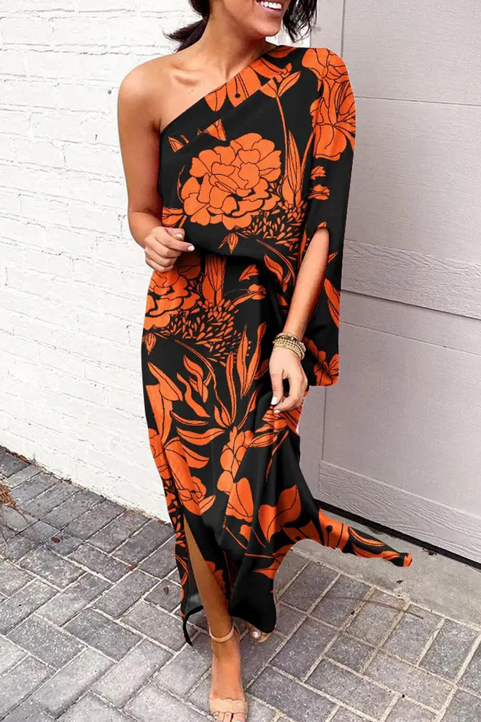 Momentlover Casual Print Patchwork One Shoulder Waist Skirt Dresses