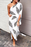 Momentlover Casual Print Patchwork One Shoulder Waist Skirt Dresses