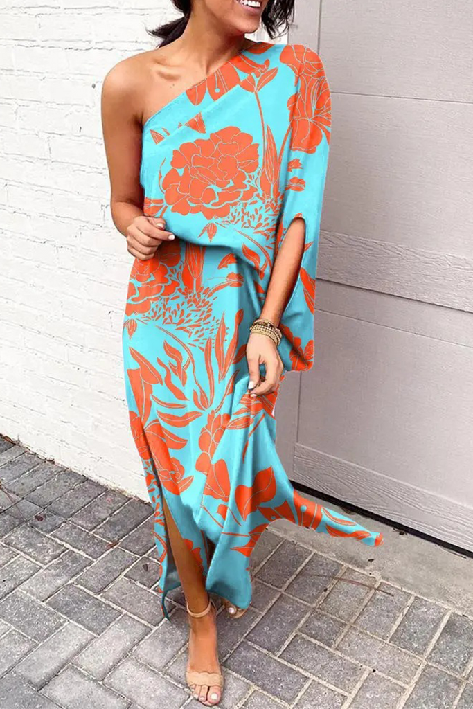 Momentlover Casual Print Patchwork One Shoulder Waist Skirt Dresses