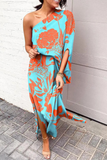 Momentlover Casual Print Patchwork One Shoulder Waist Skirt Dresses