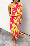 Momentlover Casual Print Patchwork One Shoulder Waist Skirt Dresses