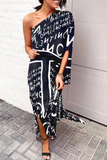 Momentlover Casual Print Patchwork One Shoulder Waist Skirt Dresses