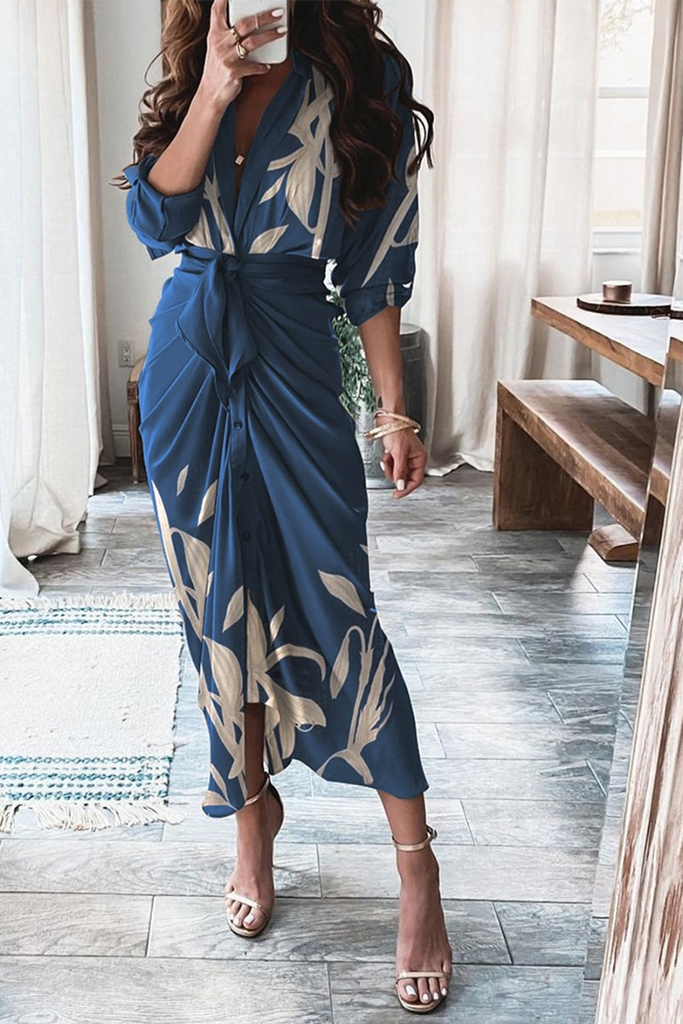 Momentlover Casual Print Patchwork V Neck Irregular Dress Dresses(3 Colors)