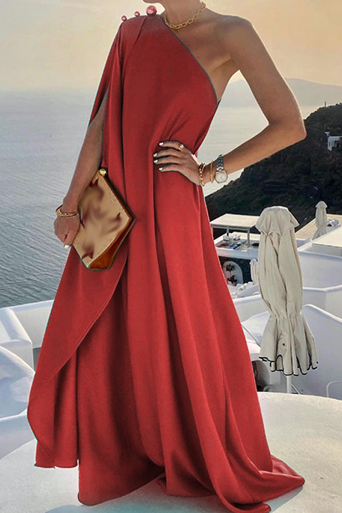 Momentlover Casual Solid Patchwork One Shoulder Straight Dresses