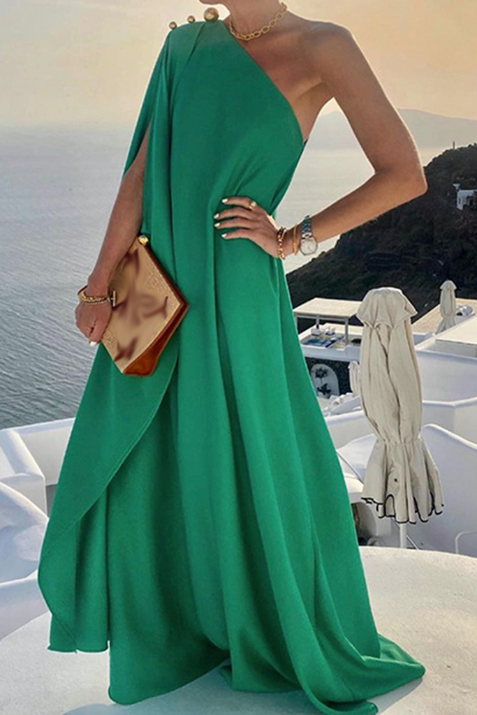 Momentlover Casual Solid Patchwork One Shoulder Straight Dresses