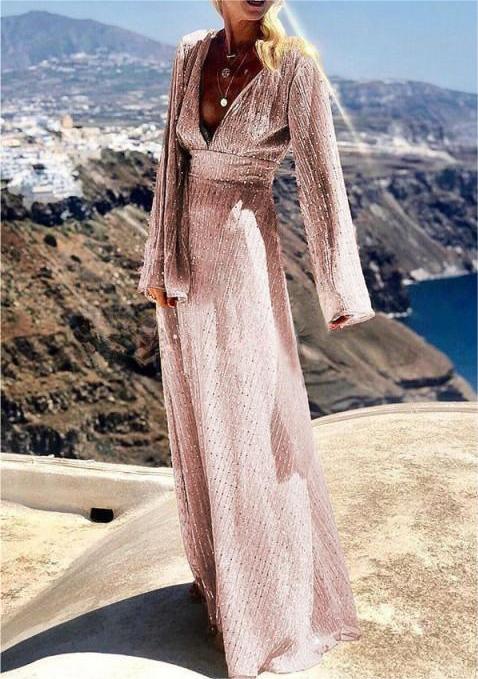 Momentlover Party Solid Sequins V Neck Evening Dress Dresses