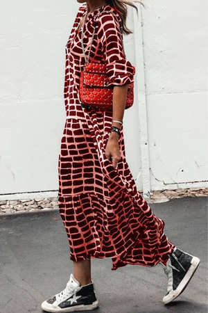 Momentlover Casual Print Patchwork V Neck Straight Dresses(3 Colors)