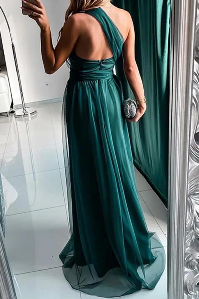 Momentlover Casual Solid Mesh One Shoulder Mesh Dress Dresses