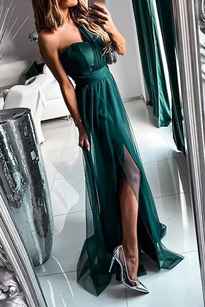 Momentlover Casual Solid Mesh One Shoulder Mesh Dress Dresses