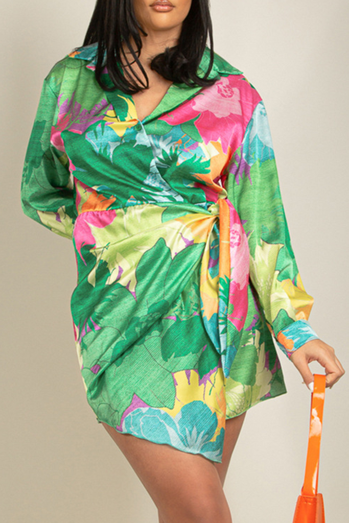 Momentlover Casual Print Patchwork Turndown Collar Shirt Dress Dresses