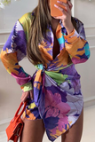 Momentlover Casual Print Patchwork Turndown Collar Shirt Dress Dresses