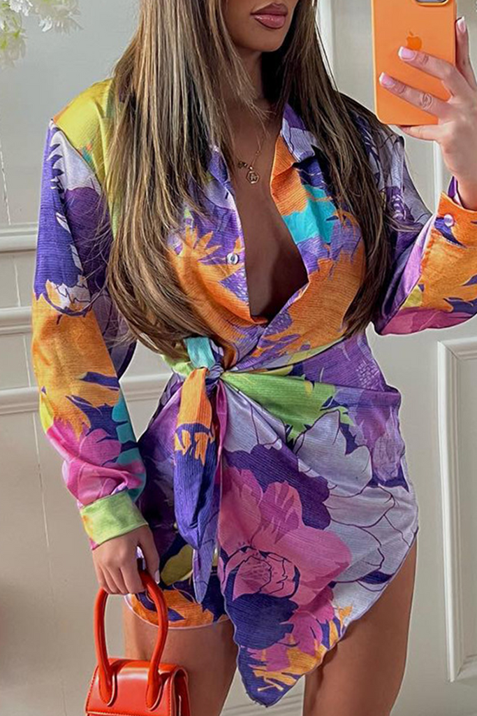 Momentlover Casual Print Patchwork Turndown Collar Shirt Dress Dresses