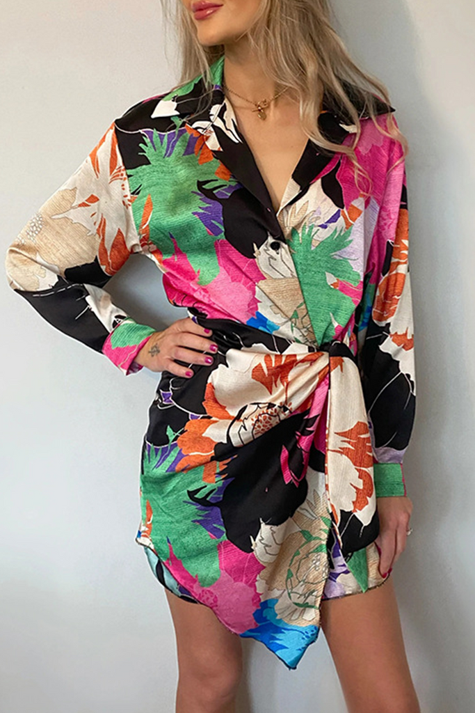Momentlover Casual Print Patchwork Turndown Collar Shirt Dress Dresses
