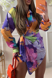 Momentlover Casual Print Patchwork Turndown Collar Shirt Dress Dresses