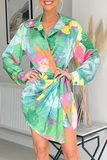 Momentlover Casual Print Patchwork Turndown Collar Shirt Dress Dresses