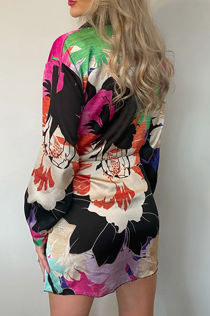 Momentlover Casual Print Patchwork Turndown Collar Shirt Dress Dresses