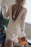 Momentlover Vacation Solid Hollowed Out V Neck Straight Dresses