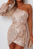 Momentlover Sexy Patchwork Sequins One Shoulder Pencil Skirt Dresses