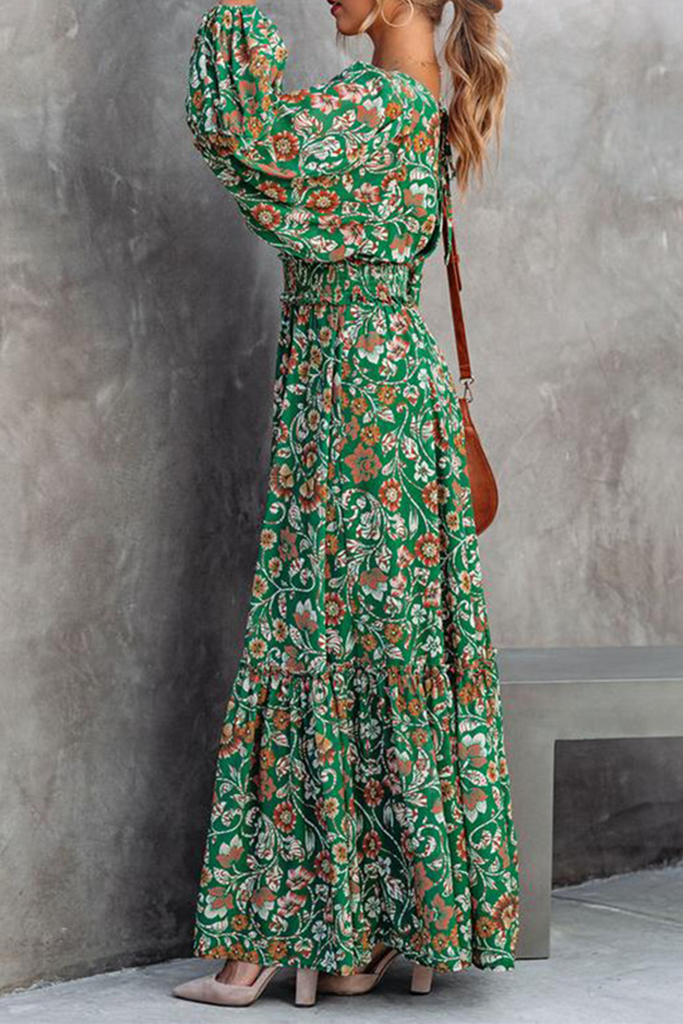 Momentlover Fashion Print Backless V Neck Cake Skirt Dresses
