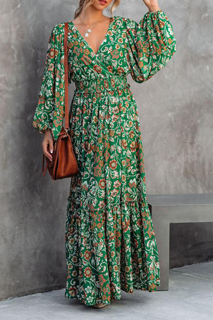 Momentlover Fashion Print Backless V Neck Cake Skirt Dresses