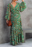 Momentlover Fashion Print Backless V Neck Cake Skirt Dresses