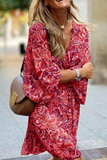 Momentlover Casual Print Patchwork V Neck Cake Skirt Dresses