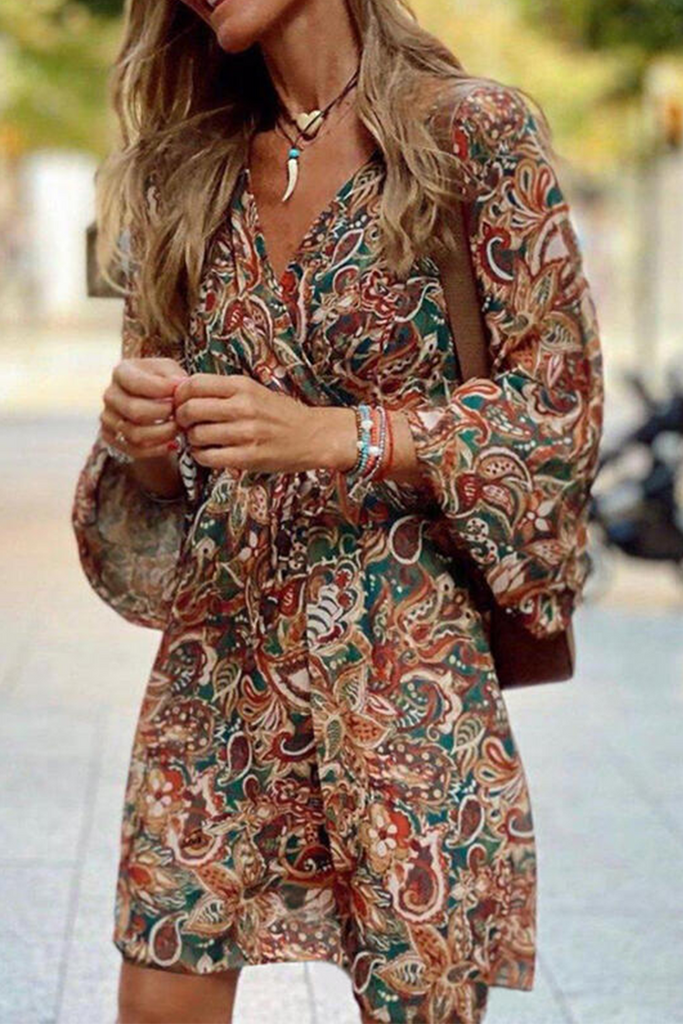 Momentlover Casual Print Patchwork V Neck Cake Skirt Dresses