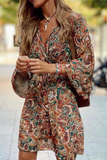 Momentlover Casual Print Patchwork V Neck Cake Skirt Dresses