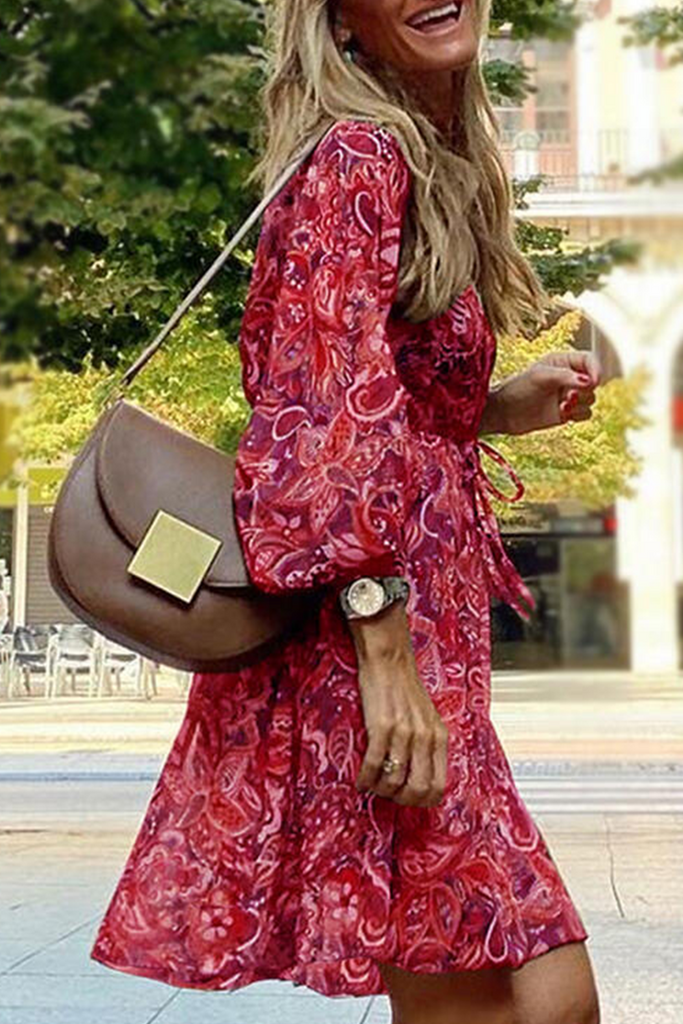 Momentlover Casual Print Patchwork V Neck Cake Skirt Dresses