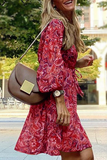 Momentlover Casual Print Patchwork V Neck Cake Skirt Dresses