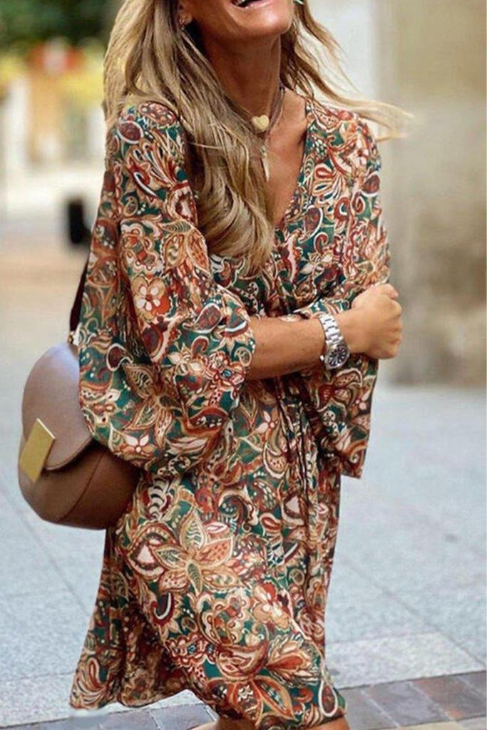 Momentlover Casual Print Patchwork V Neck Cake Skirt Dresses