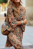 Momentlover Casual Print Patchwork V Neck Cake Skirt Dresses